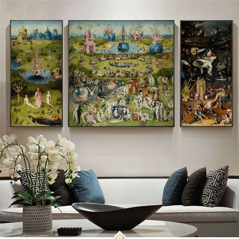 3 Panels The Garden of Earthly Paintings By Hieronymus Bosch Reproductions | Modular Picture Canvas Wall Art | Living Room Decor