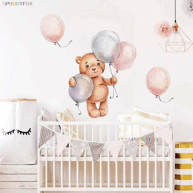 Elevate your baby boy's nursery with these charming Balloon Brown Bear Wall Stickers. These adorable animal-themed decals add a playful touch to any kids' room or nursery