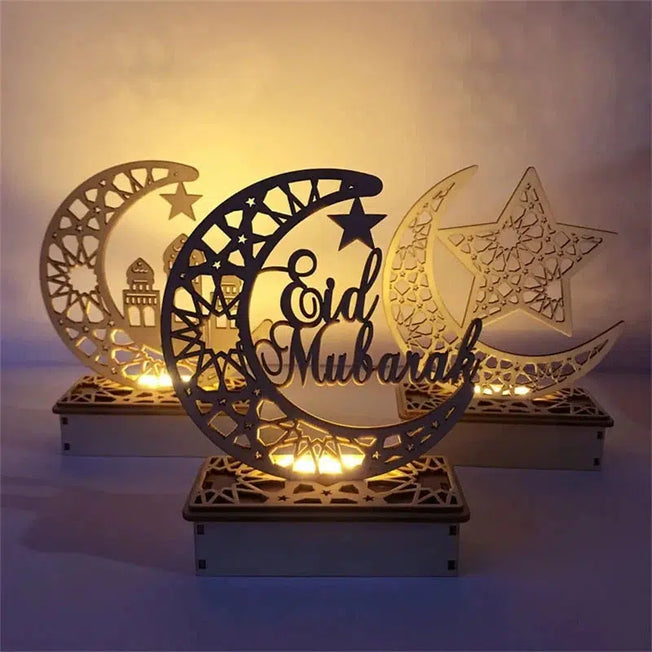 Eid Mubarak Moon LED Candle Lights: Illuminate your home with these wooden plaque hanging decorations, perfect for Ramadan and Eid celebrations