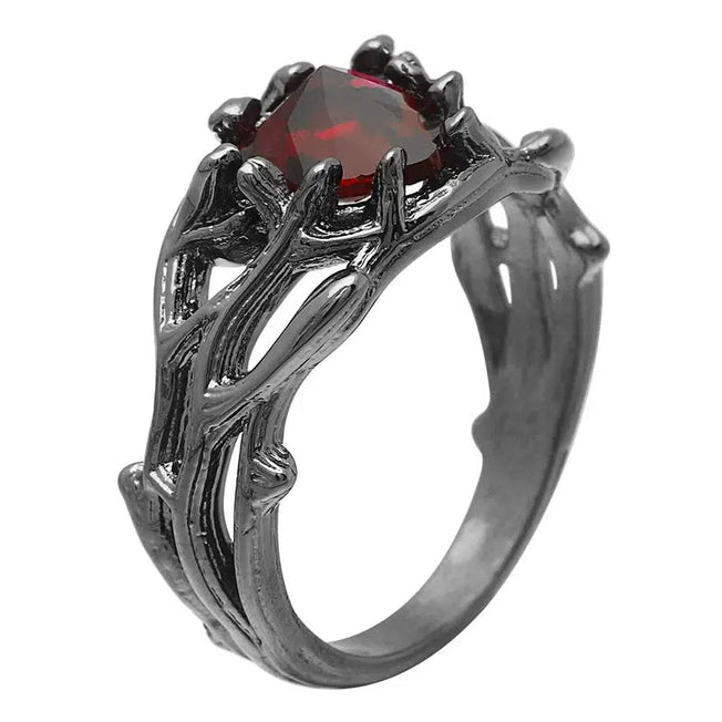 Elegance in Red: Romantic Red Cubic Zirconia Ring - Luxury Fashion Wedding Engagement, Black Gold Color Branch Cross Shaped Jewelry for Women