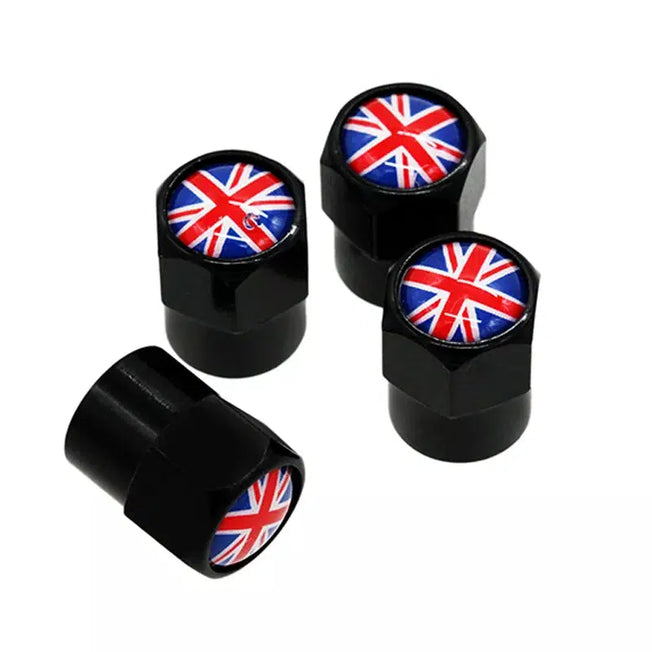Upgrade your car's look with HAUSNN 4Pcs/Pack Car Accessories showcasing UK England Flag Logo Sticker Wheel Tire Valve Caps Stem Covers for Land Rover, MINI, and Jaguar