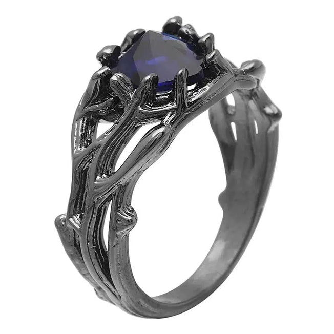 Elegance in Blue: Romantic Dark Blue Cubic Zirconia Ring - Luxury Fashion Wedding Engagement, Black Gold Color Branch Cross Shaped Jewelry for Women."
