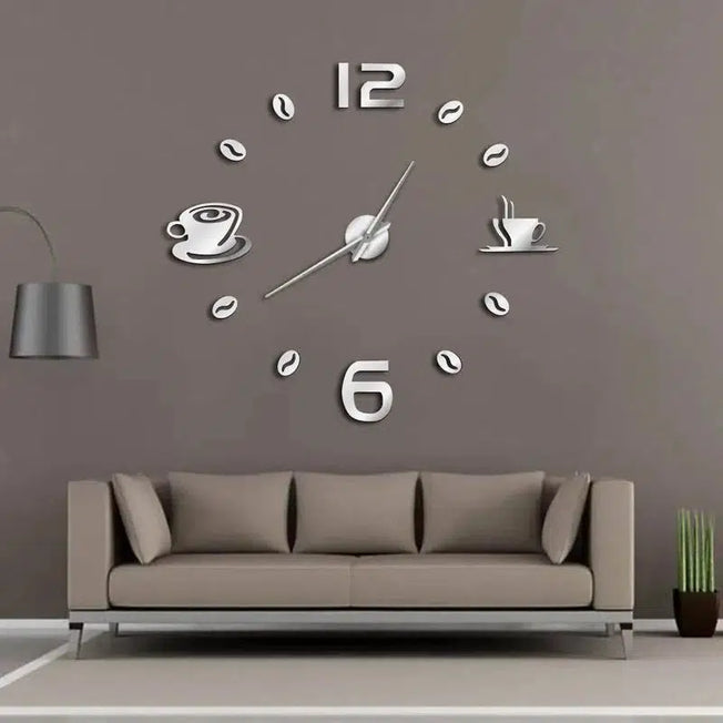 DIY Large Wall Clock: Create a modern look in your cafe or kitchen with this frameless giant wall clock featuring a coffee mug and coffee bean design