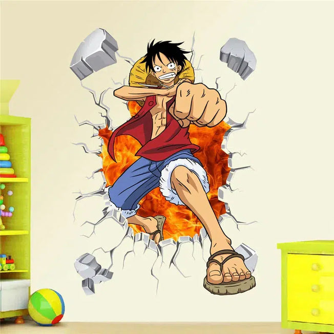 Enhance your kids' room with these Monkey D. Luffy 3D broken hole wall stickers from One Piece. They add a fun mural art touch to any space and are easy to DIY with cartoon wall decals