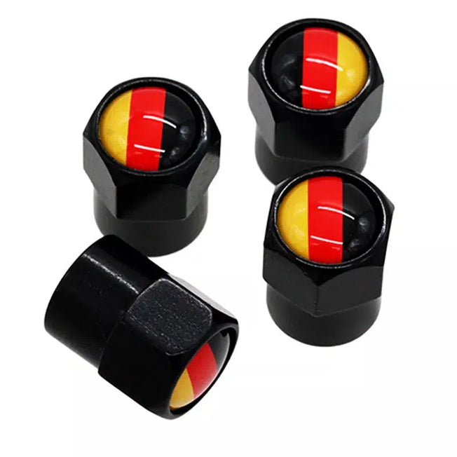 Elevate your car's style with HAUSNN 4Pcs/Pack Car Accessories featuring Germany Flag Logo Sticker Wheel Tire Valve Caps Stem Covers for VW, Audi, Benz, and BMW.