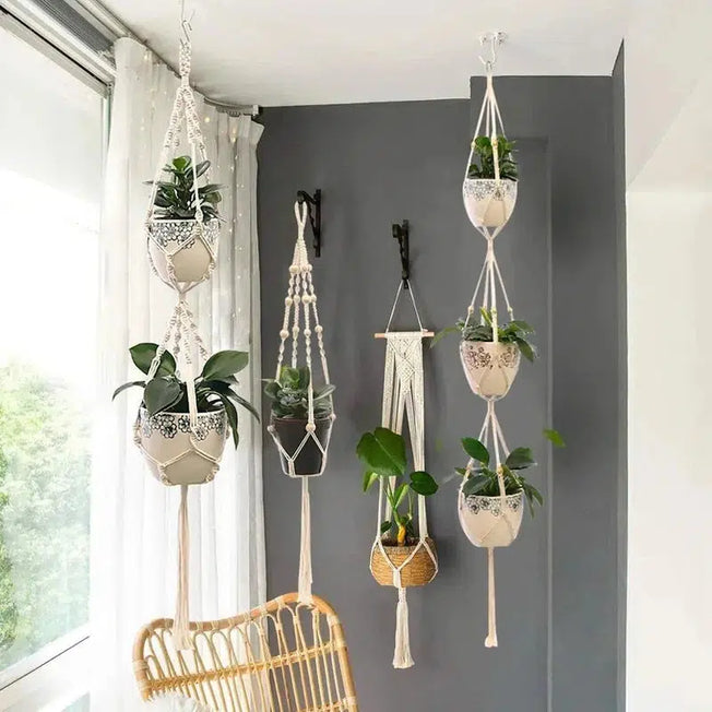 Handmade Macrame Plant Hanger: Elevate your courtyard or garden with this Hanging Plant Pot Planter Wall Decor Basket