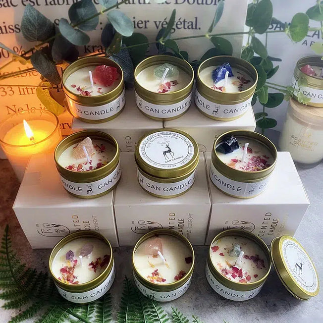 Luxurious Aromatherapy Candle Set: Indulge in the soothing scents of crystal salt, dried flowers, and soy wax with our golden tin box candles
