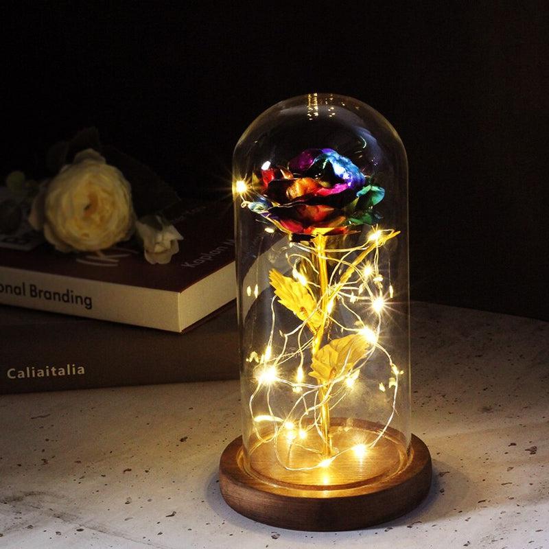 Enchanting Galaxy Rose: 24K Gold Foil Flower Encased in a Dome with Fairy String Lights – Perfect Creative Gift for Valentine's Day