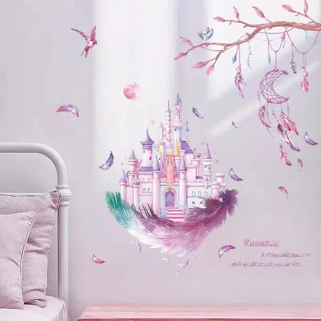 Transform your girl's bedroom into a magical wonderland with these DIY Cartoon Pink Unicorn Girl Feather Castle Wall Decals. Featuring whimsical unicorns, feathers, and castles against a sky backdrop