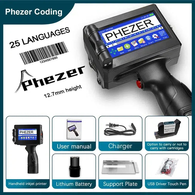 Phezer P15 12.7mm Label Printer: QR, Bar Code, Batch Code, Date, Number, Logo, Expiry Date Handheld Inkjet Printer. Portable with 25 Languages.