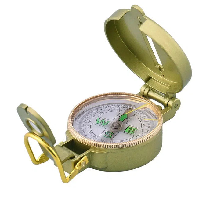Discover the Authentic Compass Metal Band Ruler Set with Magnifying Glass and Lanyard. This camping essential includes a prismatic sighting compass with a military lensatic design