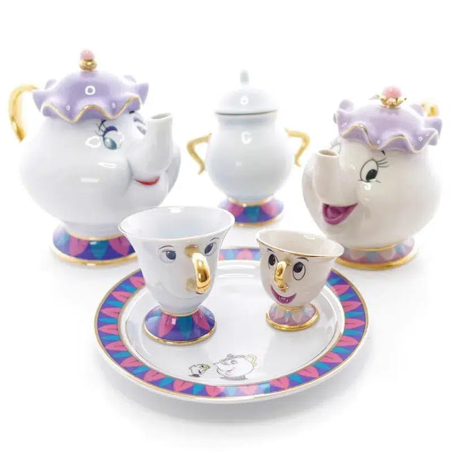 Enchanted Tea Time: Beauty and Beast Ceramic Tea Sets - Cute Cartoon Mrs. Potts Chip Anime Archie Tea Coffee Pot with Gold Plated Painted Enamel Kettle Set