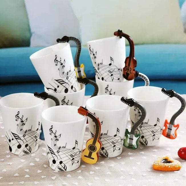 Musical Sip: 240ml Creative Music Ceramic Mug - Guitar and Violin Style, Cute Coffee Tea Milk Stave Mugs with Handle - Novelty Gifts for Melody Lovers