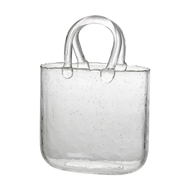 Handmade Clear Glass Bag Vase - 10 Inches - Unique Purse Design for Flowers - Cool and Cute Centerpiece Fish Bowl Handbag