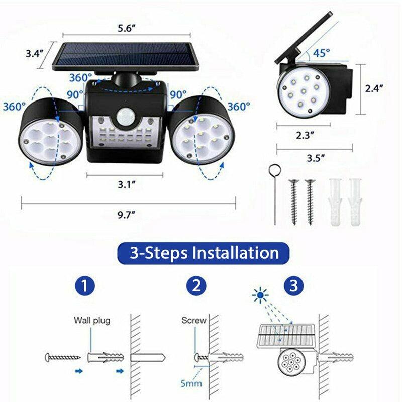 WAKYME LED Solar Light | Waterproof PIR Motion Sensor Wall Lamp | Adjustable Angle Dual Head Garden Spotlight