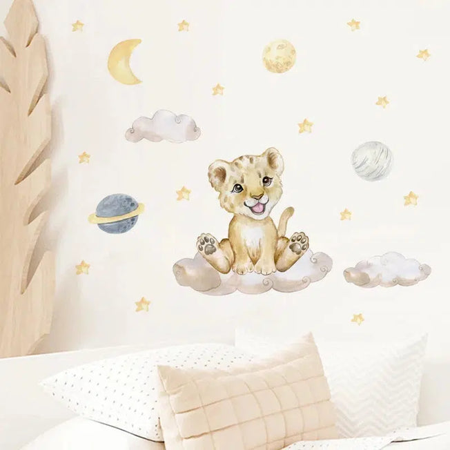 Enhance your child's room with this adorable Boho Cartoon Cute Lion on the Cloud Stars Wall Decal