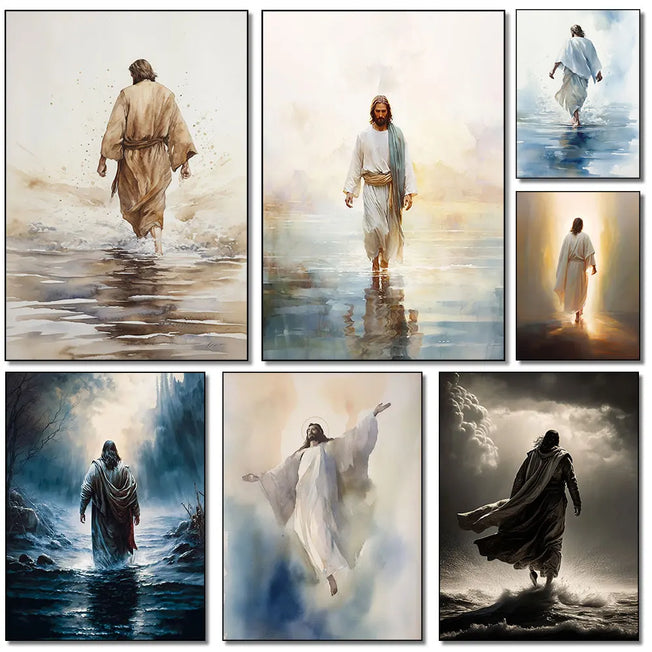 Religious Wall Art: Enhance your home decor with this captivating Watercolor Jesus Christ Walking On Water canvas print.