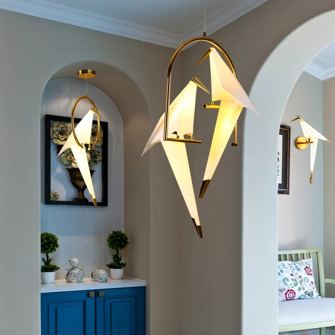 Contemporary Paper Bird Chandelier: Elevate your home decor with this Origami-inspired Perch Light, perfect for both hanging and wall mounting