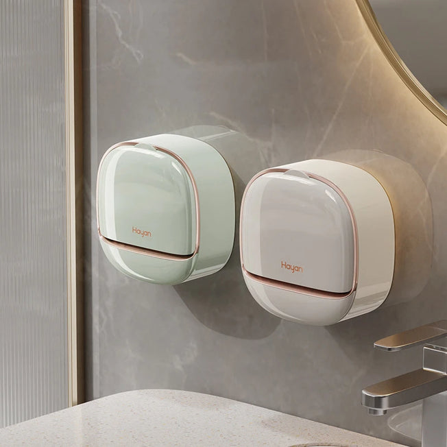 Wall-Mounted Soap Holder with Elegant Design: No-Drill Installation, Flip Cover, Drainage, Laundry Soap Organizer