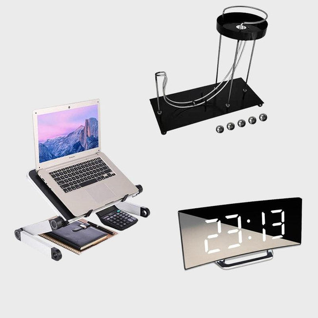 Ergonomic Aluminum Laptop Stand -  Curved Screen LED Alarm Clock - Mesmerizing Kinetic Art Machine - Set