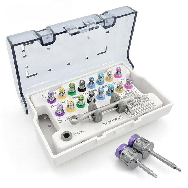 WellCK Dental Implant Screw Driver Torque Wrench Ratchet 10 - 70NCM with 16 pcs Universal Restoration Tools Kit