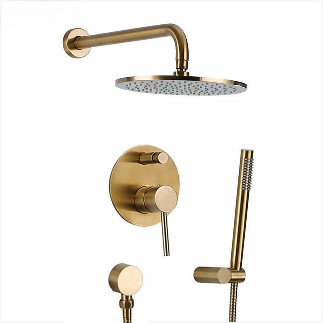 Brushed Gold Solid Brass Bathroom Shower Set | Rainfall Head Bath Faucet | Wall Mounted Ceiling Arm Mixer Water System Panel Black