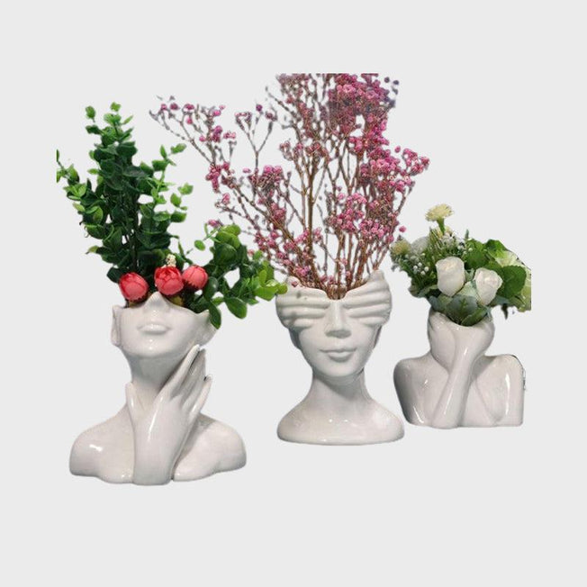 Woman Sculpture Ceramic Vase | Artistic & Whimsical Floral Display | Distinctive Living Room Decor - 3 in 1 Set