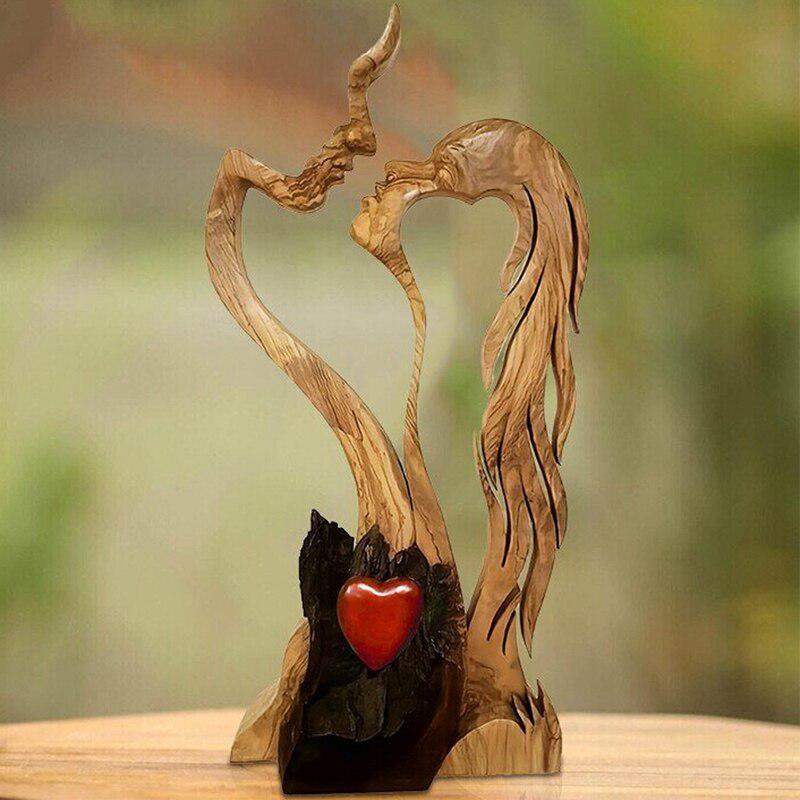 Love Eternal Wood Ornaments | Wooden-Heart Desktop Sculpture | Couple Kissing Statue | Love Art Ornaments for Home Decorations Gift