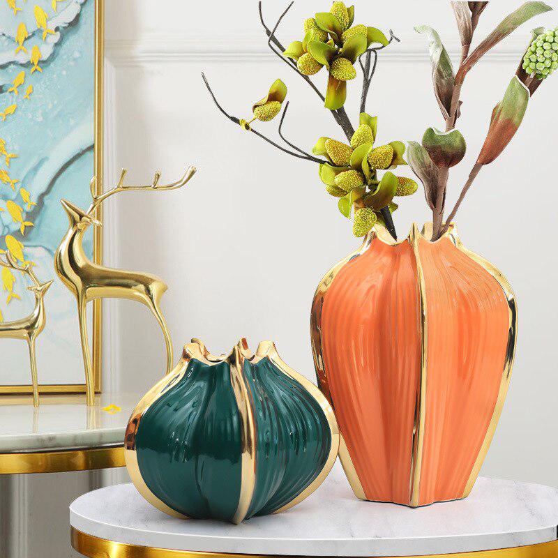 Colourful Vibrant Gold-Plated Ceramic Vases | Creative Design Porcelain Flower Vase for Indoor Decor & Office Art