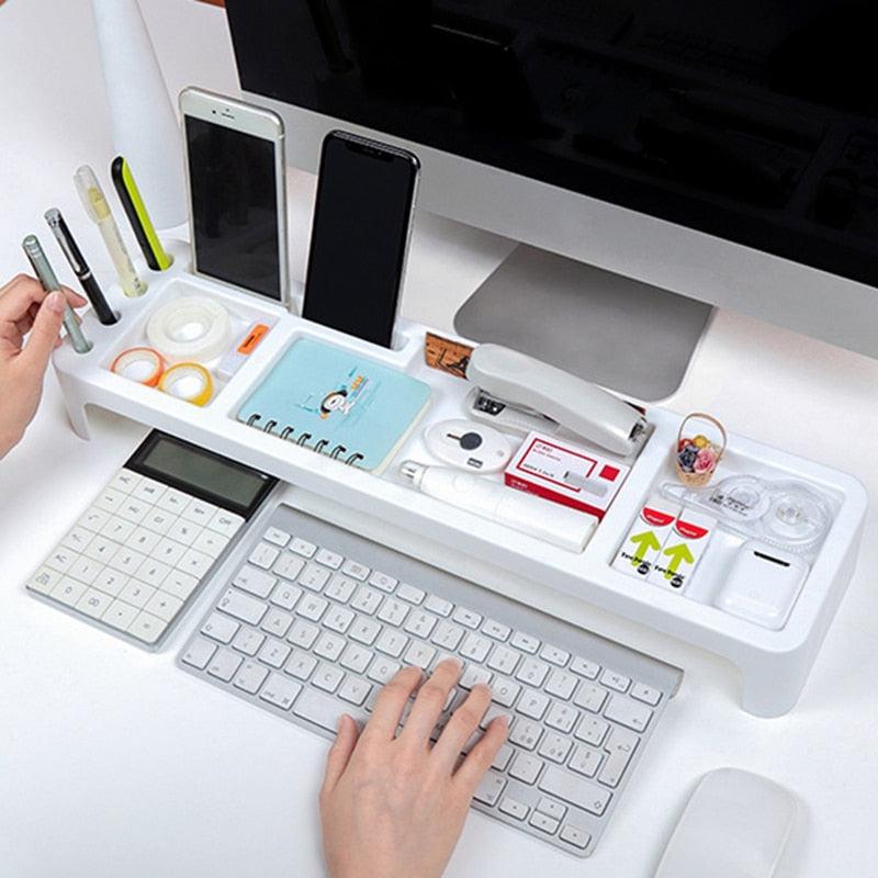 Desk Organizer Table Desktop Storage - Multifunctional Phone Holder with Keyboard Drawer | Office & Home Stationery Storage Accessories
