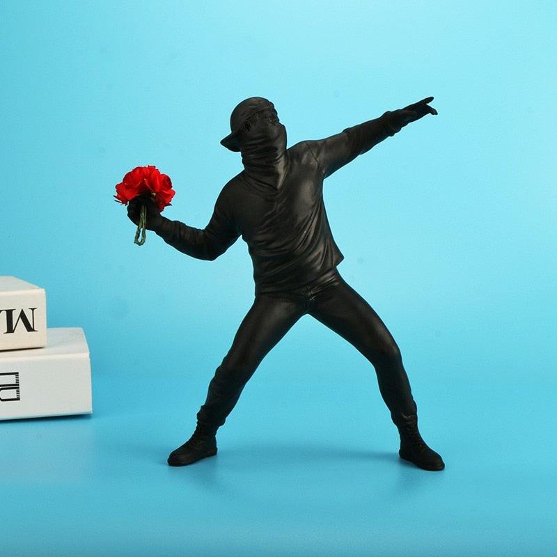 Resin Banksy Sculpture | Flower Thrower Antifa Figurine for Home Decoration, Desk Accessories, Collectible Interior Decor
