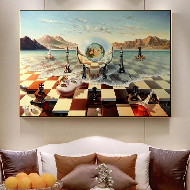 Salvador Dali Surrealism Chess Mask on Sea Canvas Paintings | Abstract Posters and Prints | Wall Pictures for Living Room Home Decor