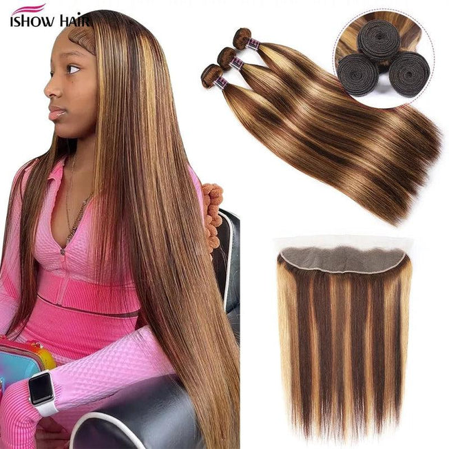 iShow Hair Highlight Human Hair Bundles | Frontal Ombre Hair Locks with Closures | Brazilian Straight Hair Bundles with Frontal | Multiple Extension Sizes