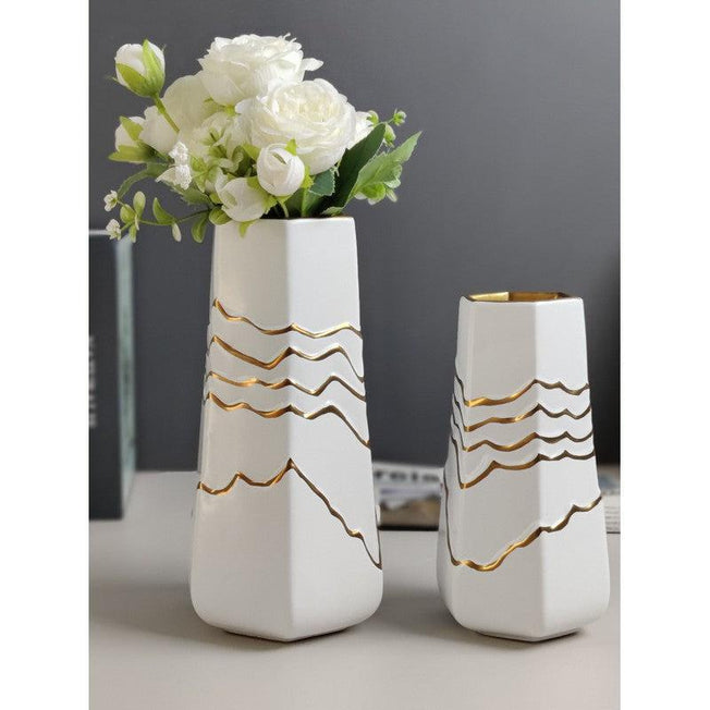 Irregular Shape White Vase with Golden Wave Line | Home Decor & Flower Arrangements