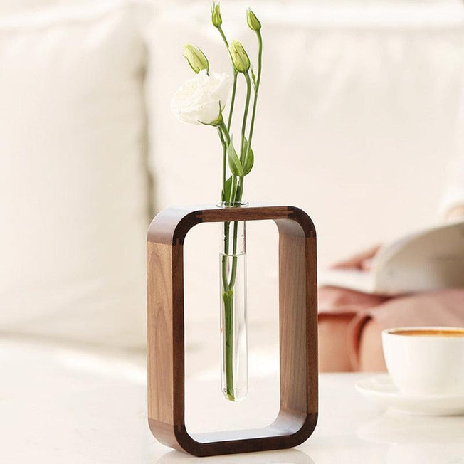 Elegant Wooden Test Tube Vase | Contemporary Hydroponic Glass Vase for Chic Tabletop Decor