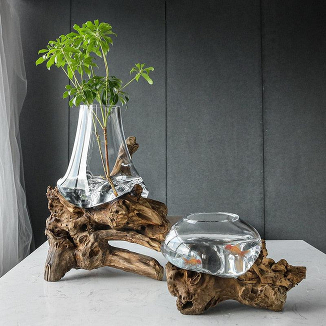 Bonsai Vase Ensemble with Aged Wood Stand | Hydroponic Planting Pots | Artistic Flowerpot featuring Wooden Terrarium Frame