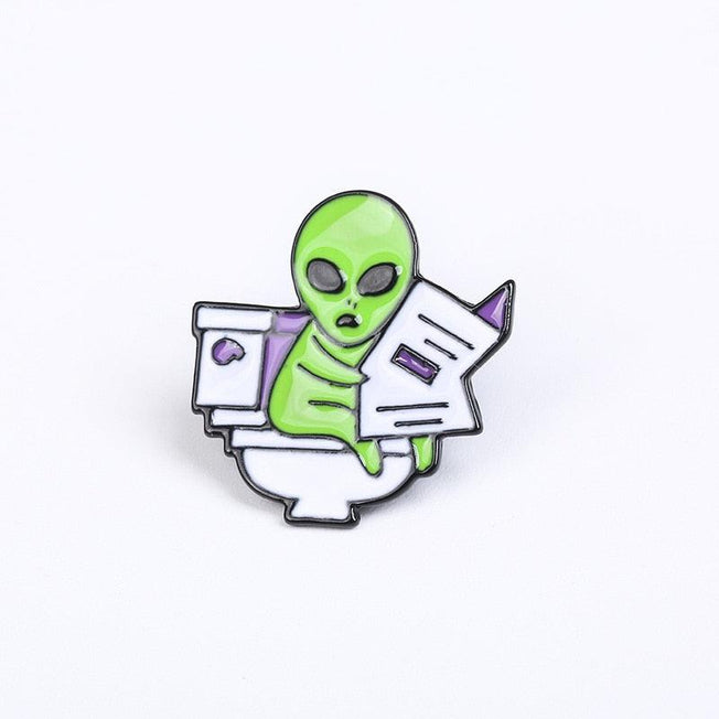 Alien Reading Newspaper Pin | Funny Brooch for Shirts, Lapels, Bags | Cartoon Jewelry Gift