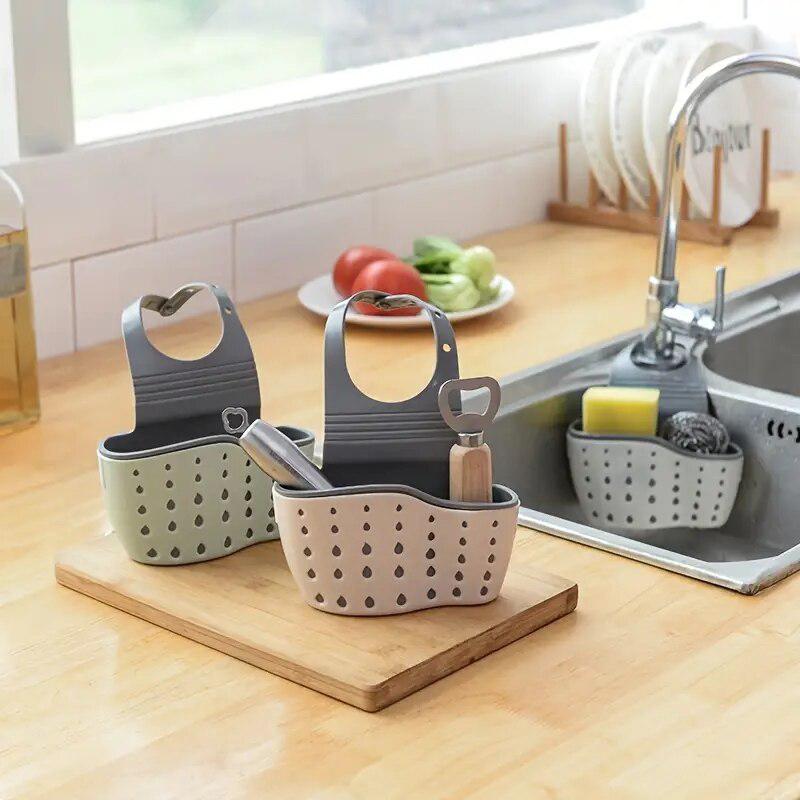 Kitchen Organizer - Adjustable Snap Sink Sponge Holder | Hanging Drain Basket | Kitchen Gadgets