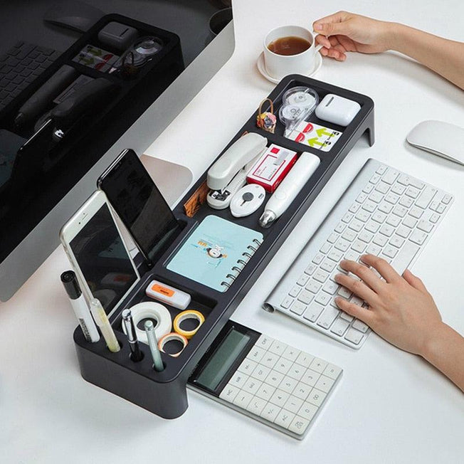 Desk Organizer Table Desktop Storage - Multifunctional Phone Holder with Keyboard Drawer | Office & Home Stationery Storage Accessories