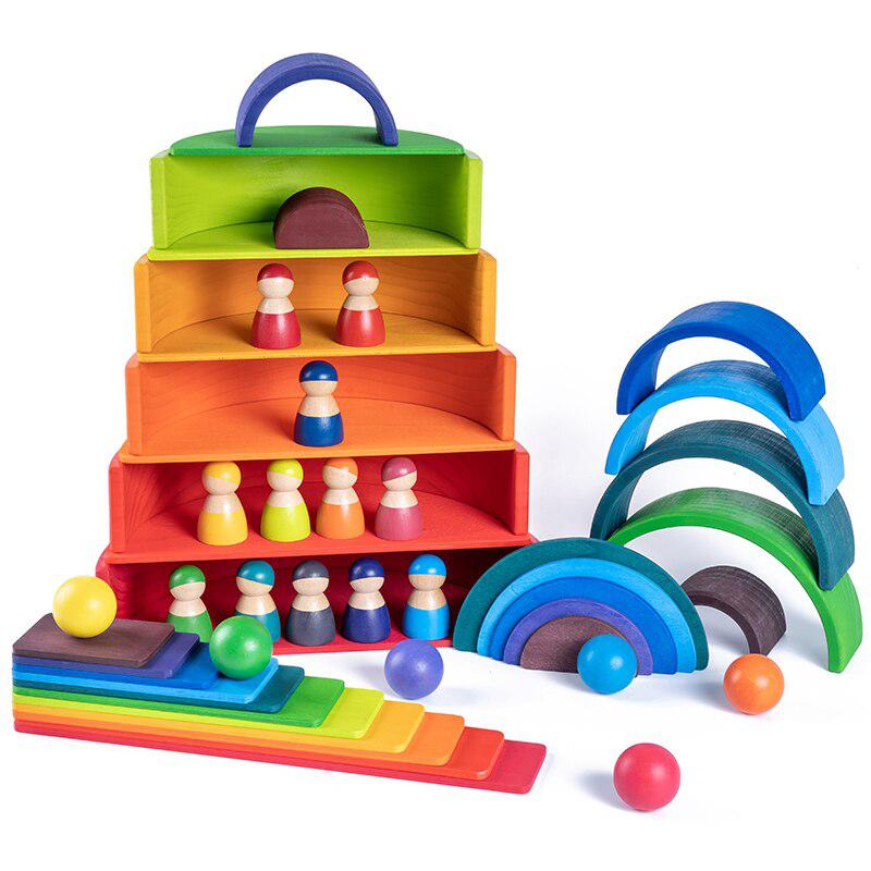 Stacked Rainbow Blocks Wooden Toys for Kids | Montessori Educational Toys for Children
