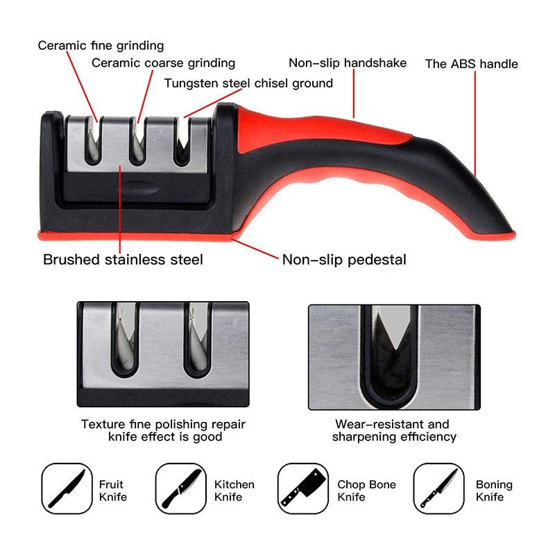 Handheld Knife Sharpener | Multi-function 3 Stages | Quick Sharpening Tool with Non-slip Base | Kitchen Knives Accessories Gadget