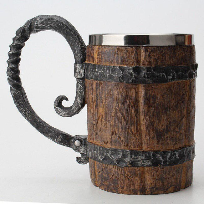 Viking Wood Style Beer Mug - Simulation Wooden Barrel Beer Cup, Double Wall Insulated Metal Drinking Mug for Bar & Party