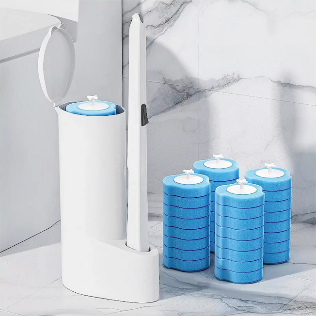 Sanitary Toilet Scrubber System with Replaceable Heads and Comfort-Grip Long Handle