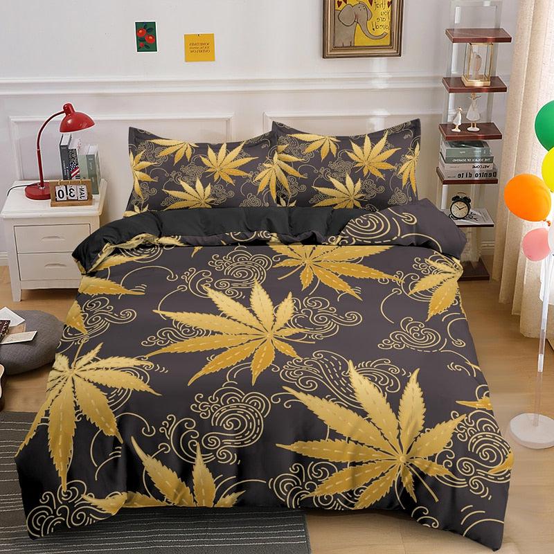 Vivid Cannabis Leaves Bedding Set | Psychedelic Duvet Cover Quilt with Pillowcase | 2 / 3pcs