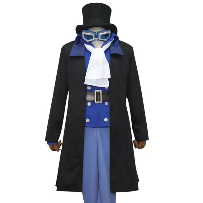 Cosplay Costume Set: Transform into Anime Sabo with this complete ensemble featuring a cloak, coat, vest, shirt, pants, tie, uniform hat, and more
