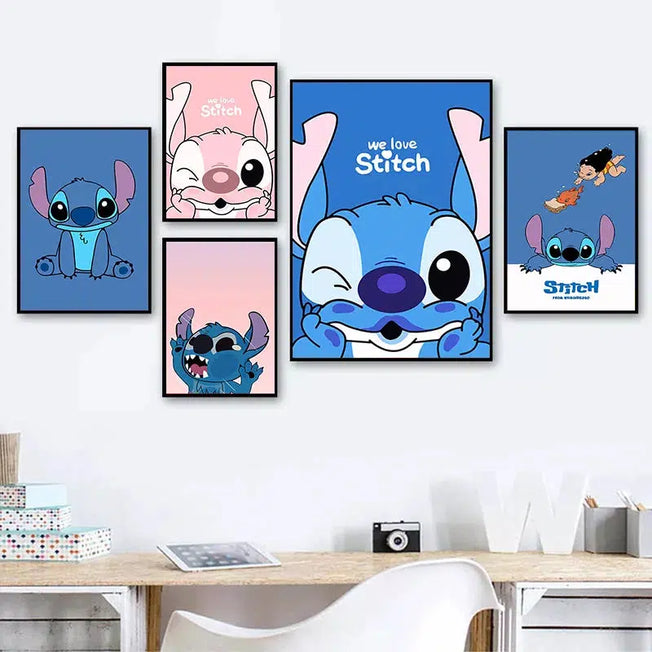 Whimsical Canvas Delight: Disney Cartoon Anime Paintings - Lilo & Stitch Posters and Prints Cuadros, Wall Art Pictures for Kid's Bedroom Home Decoration