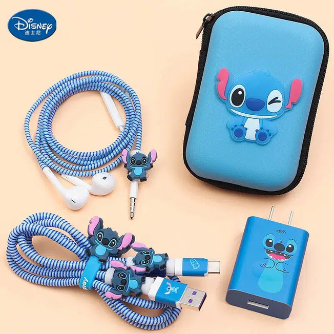 Stitch & Captain America Adventure: Disney Winder Set - Cartoon Anime Figures, Kawaii Charger USB Sticker, iPhone Data Cable Protective Case