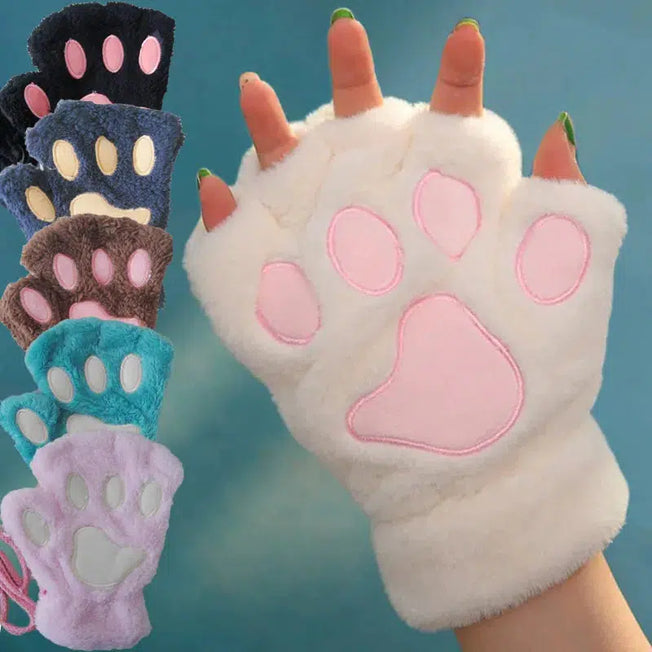 Stay Warm and Cute with Cartoon Cute Cat Claw Paw Gloves: Plush Mittens for Women, Soft, Fluffy, and Fingerless for a Stylish Costume Look.