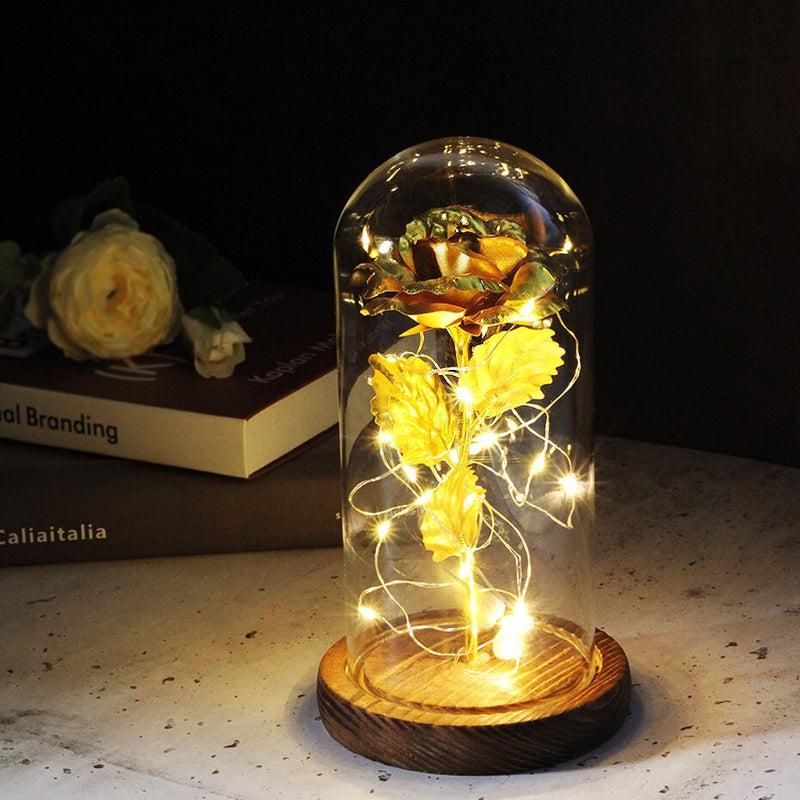 Enchanting Galaxy Rose: 24K Gold Foil Flower Encased in a Dome with Fairy String Lights – Perfect Creative Gift for Valentine's Day