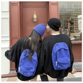 Autumn Winter Plus Velvet Long Sleeve Women Sweatshirt - 3D Blue Backpack Design for Fashionable Oversized Couple Clothing